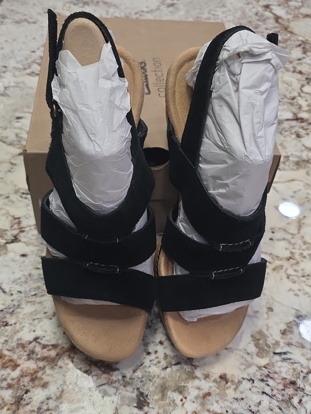Clarks Seannah Glow Wedge Sandals Women's 9.5W Black Suede